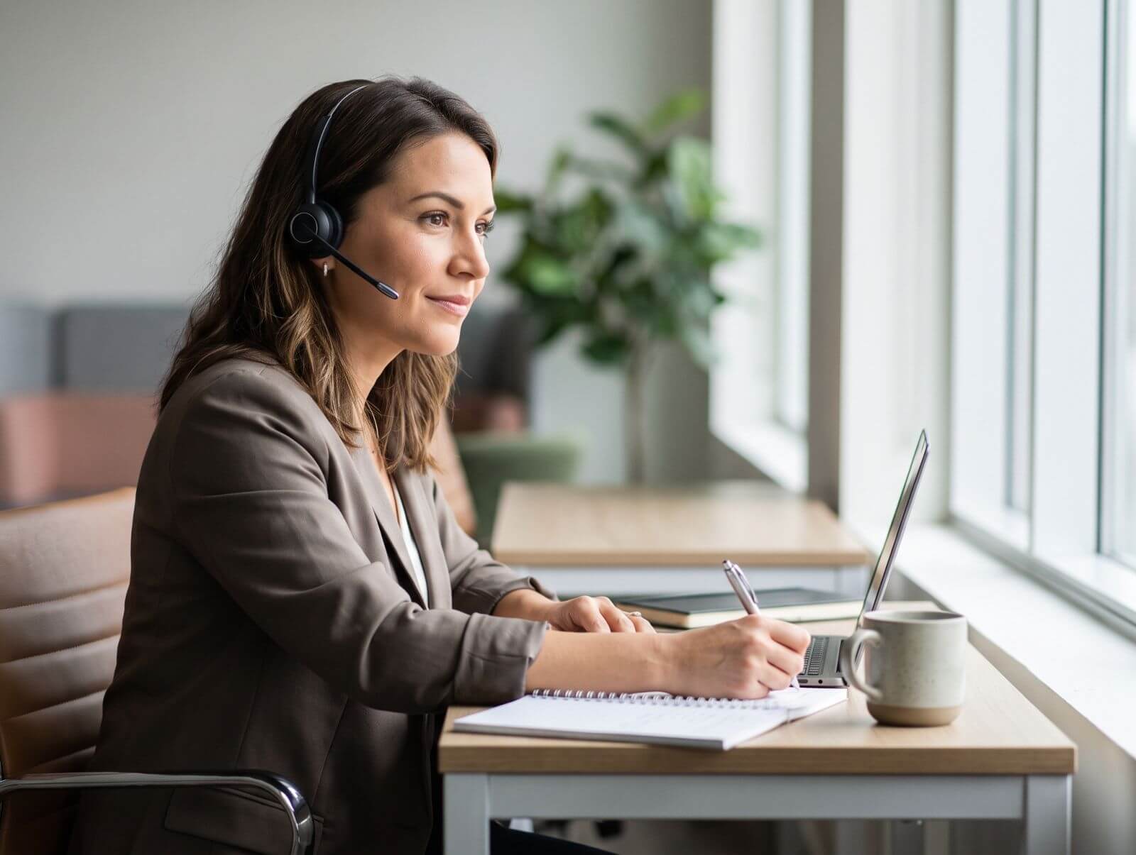 Secretaria de Secretariado Virtual atendiendo una llamada telefónica en la oficina de Vigo