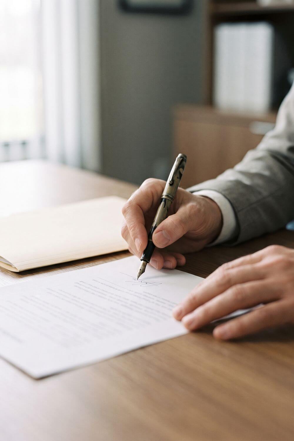 Firma de un contrato de confidencialidad en un despacho de abogados
