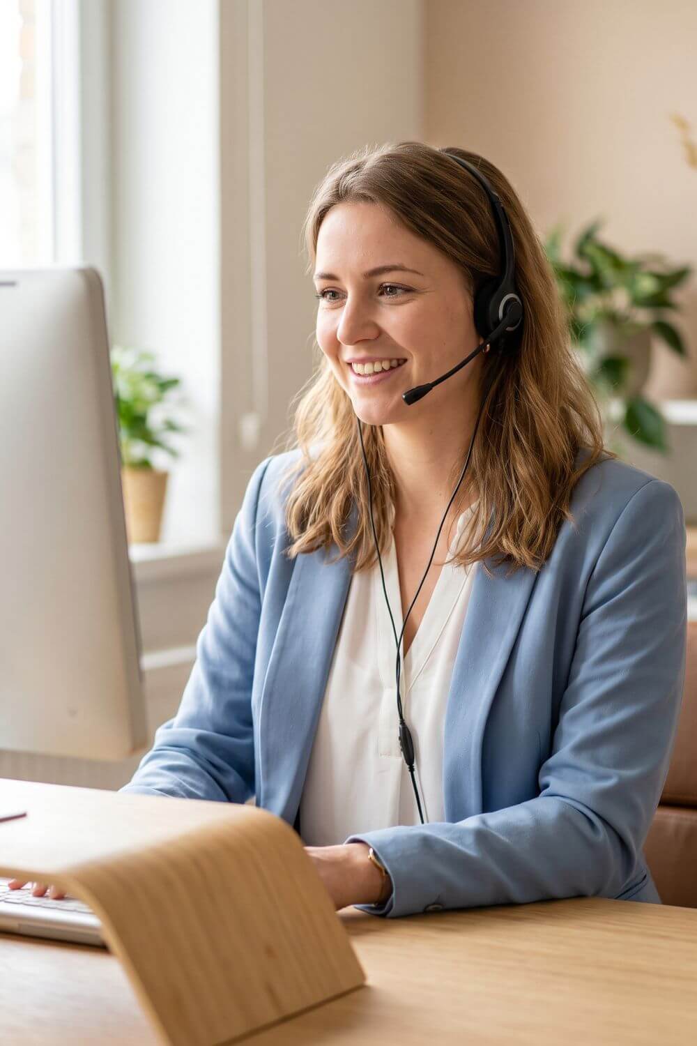 Secretaria del equipo de Secretariado Virtual atendiendo una llamada con auriculares